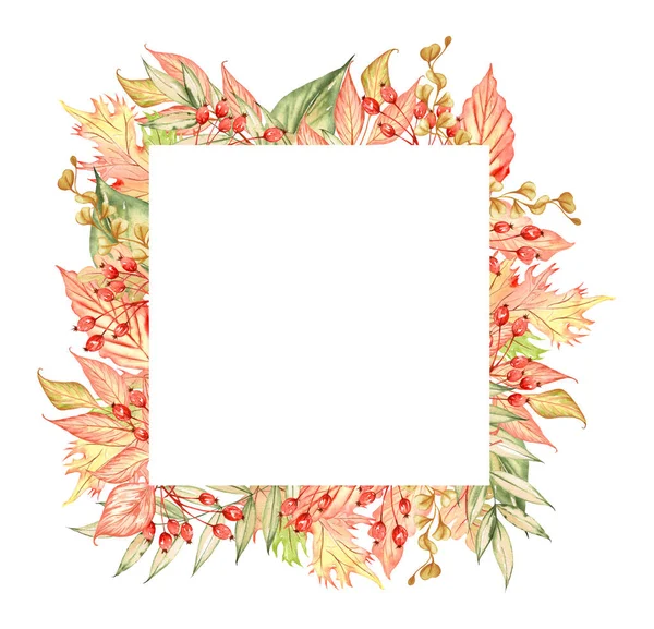水彩画框装饰着美丽的秋天树叶 秋天的背景 色泽鲜活 浆果斑斓 — 图库照片