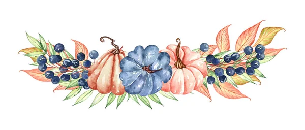 Akvarell Virágos Sütőtök Összetétele Pasztell Tök Virágok Elrendezése Rusztikus Stílusban — Stock Fotó