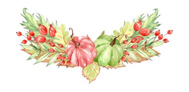 Suluboya çiçekli balkabağı bileşimi. Pastel balkabağı ve çiçek kırsal tarzda düzenlenir. Pas ve yanmış portakal çiçekleri, yapraklar ve yapraklar. Sonbahar davet şablonu.