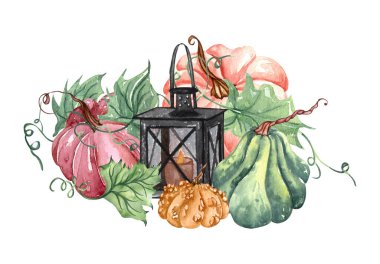 Watercolor floral pumpkins composition. Pastel pumpkin and flowers arrangement in rustic style. Rust and burnt orange flowers, fall foliage and leaves bouquet. Autumn invitation template.