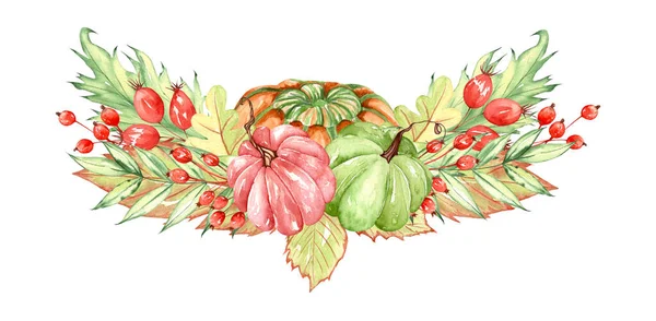 Aquarell Florale Kürbiskomposition Pastellfarbener Kürbis Und Blumenarrangements Rustikalen Stil Rost — Stockfoto
