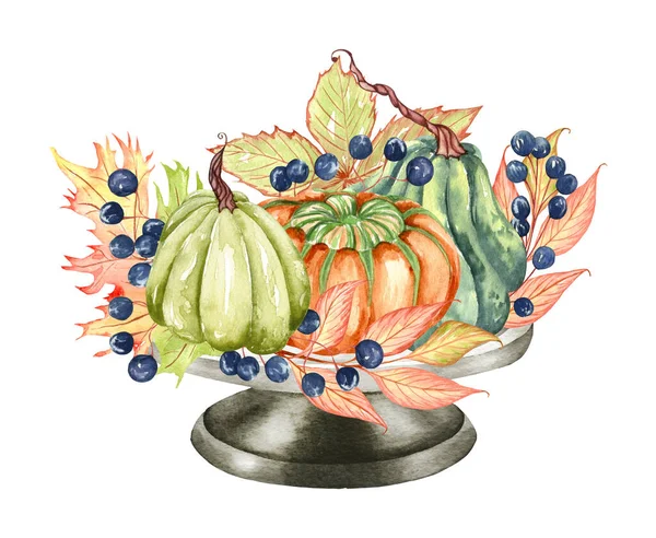 Watercolor Floral Pumpkins Composition Pastel Pumpkin Flowers Arrangement Rustic Style — Foto Stock