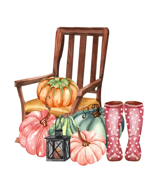 Watercolor floral pumpkins composition. Fall pumpkin and flowers arrangement in rustic style. Rust and burnt orange flowers, fall foliage and leaves bouquet. Autumn Fireplace