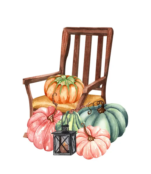 Watercolor floral pumpkins composition. Fall pumpkin and flowers arrangement in rustic style. Rust and burnt orange flowers, fall foliage and leaves bouquet. Autumn Fireplace