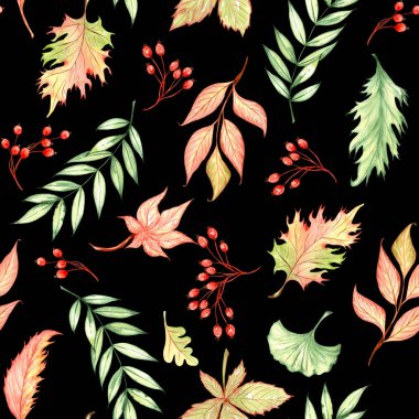Beautiful seamless autumn pattern with watercolor colorful leaves. Fall watercolor background