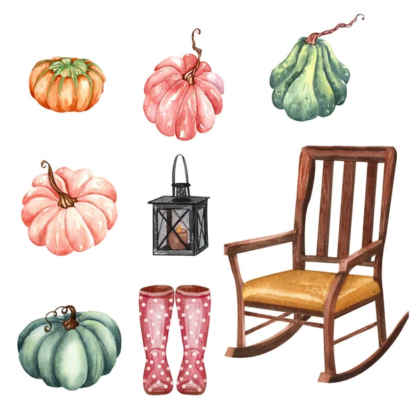 Watercolor Floral Pumpkins Composition Fall Pumpkin Flowers Arrangement Rustic Style — Foto Stock