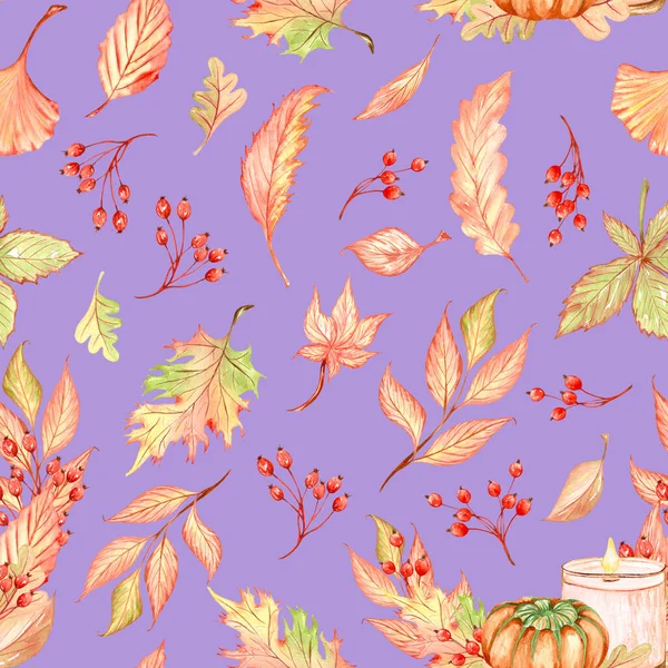 Beautiful Seamless Autumn Pattern Watercolor Colorful Leaves Fall Watercolor Background — Fotografia de Stock
