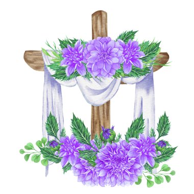Purple Dahlia floral cross. Easter illustration. Watercolor Wedding Cross. Baptism.