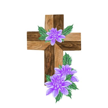 Purple Dahlia floral cross. Easter illustration. Watercolor Wedding Cross. Baptism.