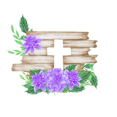 Purple Dahlia floral cross. Easter illustration. Watercolor Wedding Cross. Baptism.