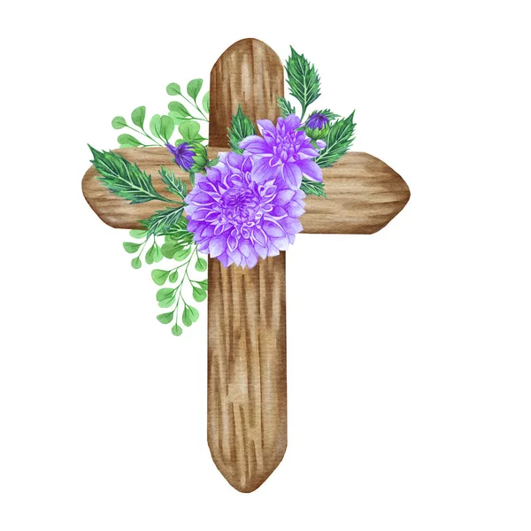 Purple Dahlia Floral Cross Easter Illustration Watercolor Wedding Cross Baptism — Photo