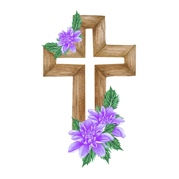 Purple Dahlia floral cross. Easter illustration. Watercolor Wedding Cross. Baptism.