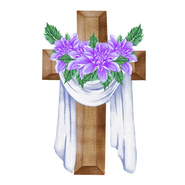 Purple Dahlia Floral Cross Easter Illustration Watercolor Wedding Cross Baptism — Stock Fotó