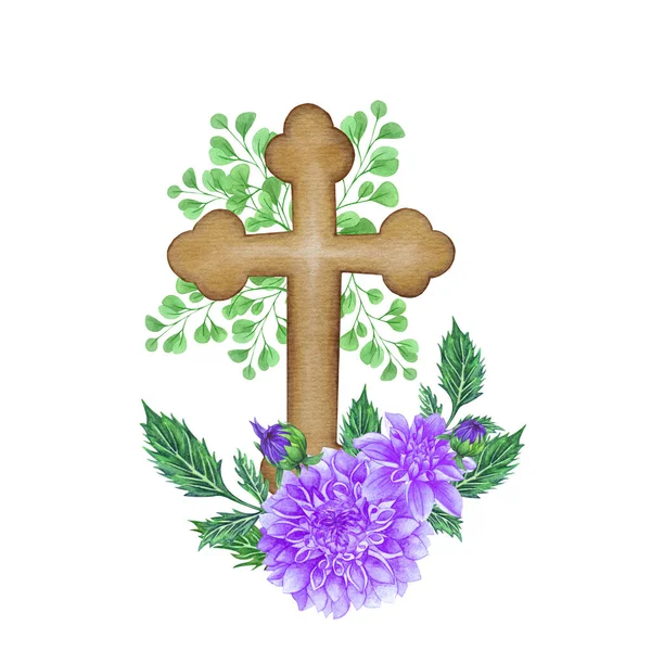 Μωβ Σταυρός Λουλουδιών Ντάλια Εικόνα Πάσχα Σταυρός Γάμου Ακουαρέλας Βάπτισμα — Φωτογραφία Αρχείου