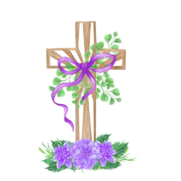 Purple Dahlia Floral Cross Easter Illustration Watercolor Wedding Cross Baptism — Stock Photo, Image