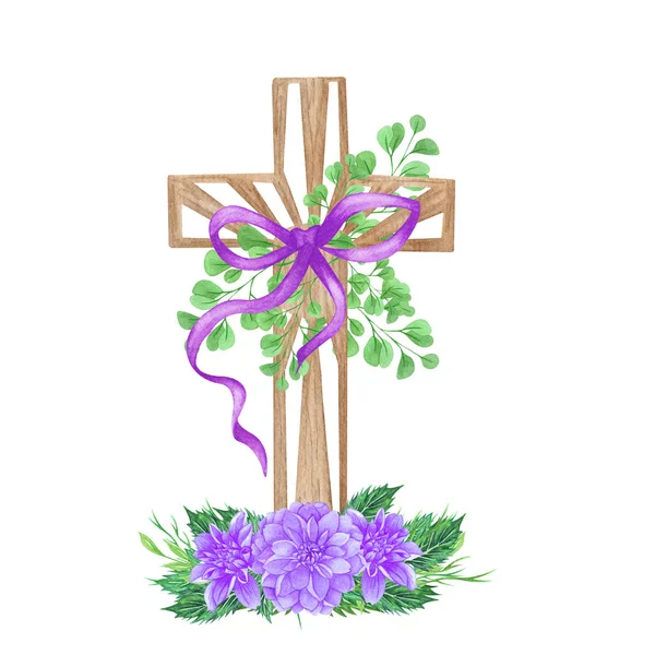 Purple Dahlia floral cross. Easter illustration. Watercolor Wedding Cross. Baptism.