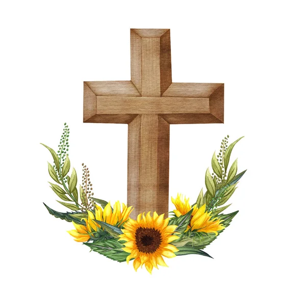 Sunflower floral cross. Easter illustration. Watercolor Wedding Cross. Baptism