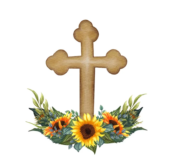 Sunflower floral cross. Easter illustration. Watercolor Wedding Cross. Baptism