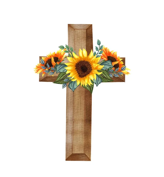 Sunflower floral cross. Easter illustration. Watercolor Wedding Cross. Baptism