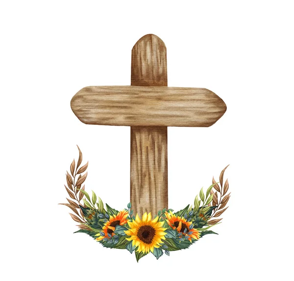 Květinový Kříž Slunečnice Velikonoční Ilustrace Svatební Kříž Akvarelů Křest — Stock fotografie