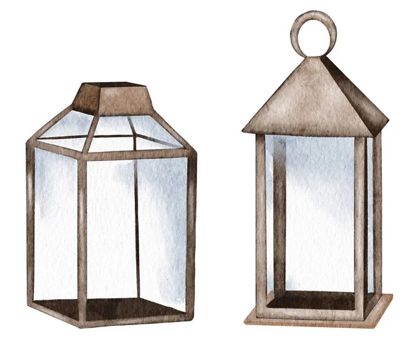 Watercolor Metal Rustic Lantern Christmas Farmhouse Decor Ampty Glass Lanterns — ストック写真