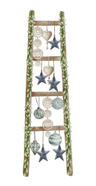 Modern Christmas tree. Wooden ladder with christmas lights,pine cone, firry. Watercolor illustration. Farmhouse Christmas tree isolated on the white background.
