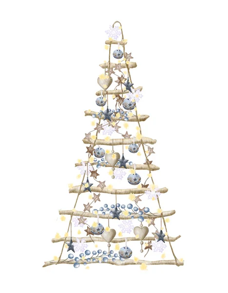 Modern Christmas Tree Wooden Ladder Christmas Lights Pine Cone Firry — Stok fotoğraf