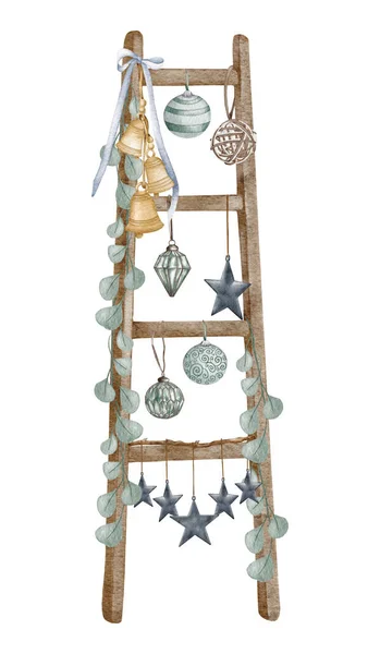 Modern Christmas Tree Wooden Ladder Christmas Lights Pine Cone Firry — Φωτογραφία Αρχείου