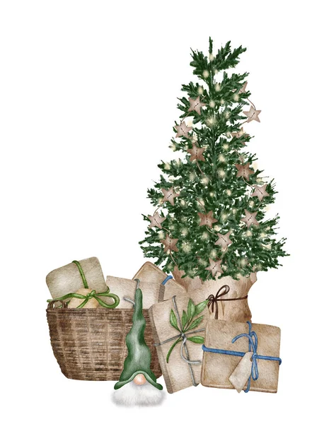 Evergreen Pine Tree Rustic Pot Christmas Lights Pine Cone Firry — стоковое фото