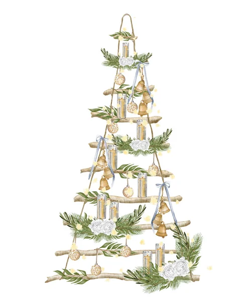Modern Christmas Tree Wooden Ladder Christmas Lights Pine Cone Firry — Stok fotoğraf