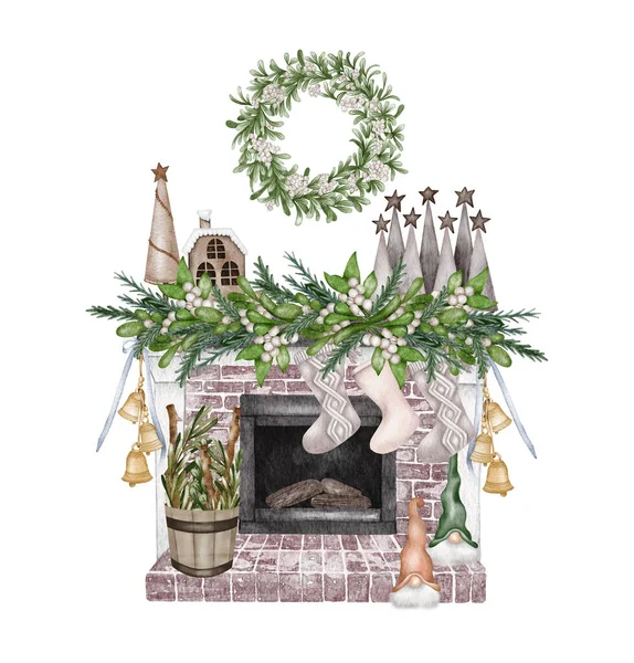 Watercolor Fireplace Decoration Hand Painted Holiday Illustration Interior Objects Isolated — Photo