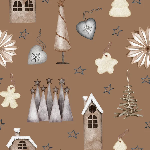 Karácsonyi Zökkenőmentes Minta Fények Fenyőtoboz Első Akvarell Illusztráció Tanyasi Ház — Stock Fotó