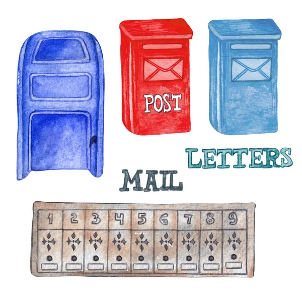 Caixas Correio Pintadas Mão Aquarela Com Envelopes Clipart Set Isolado — Fotografia de Stock