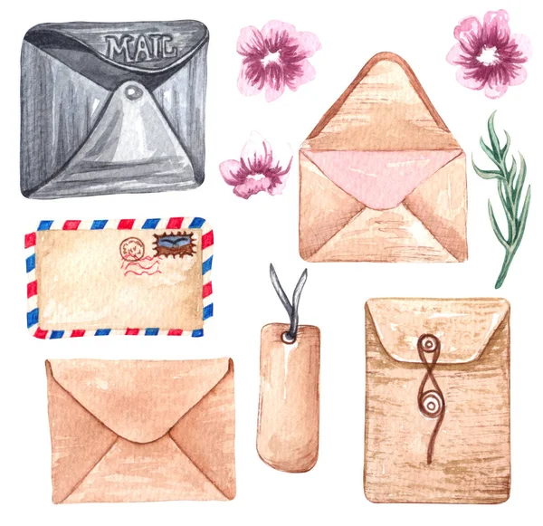 Watercolor Hand Painted Mailboxes Envelopes Clipart Set Isolated White Background — Stock Photo, Image