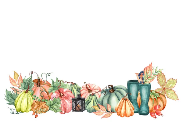 Ilustrace Podzimní Akvarely Podzimní Dýně Listy Uspořádání Rustikálním Stylu Kliparty — Stock fotografie
