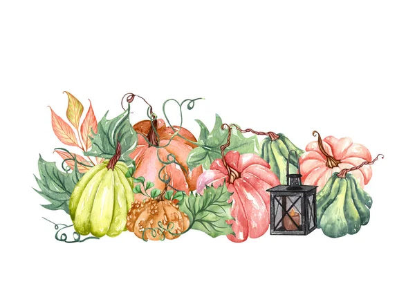 Watercolor Autumn Harvest Illustration Fall Pumpkin Leaves Arrangement Rustic Style — Stock Photo, Image