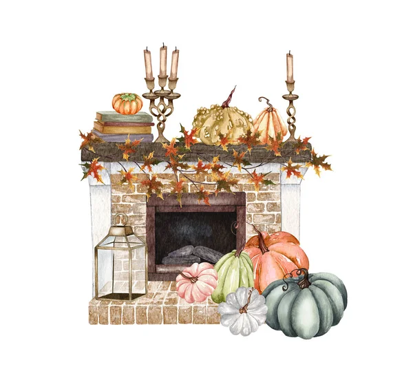 Chimenea Acuarela Con Decoración Calabaza Arreglo Calabaza Flores Otoño Estilo — Foto de Stock