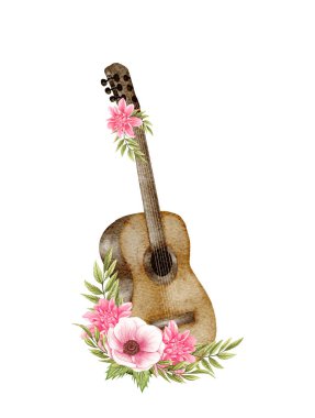 Çiçekli suluboya gitar. Kovboy gitarı ve çiçekler. Beyaz arka planda yalıtılmış çiftlik evi. Batı Illustartion