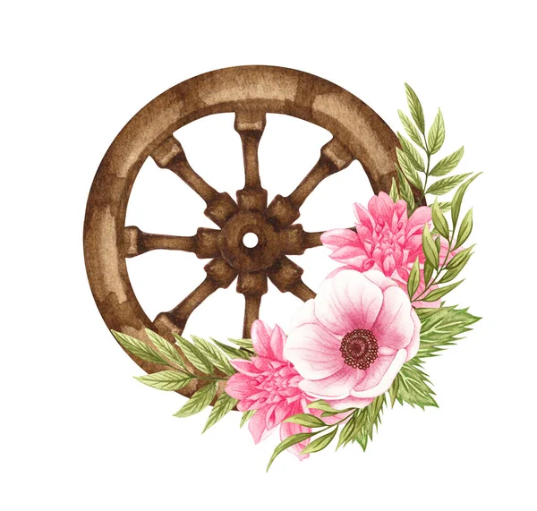 Akvarell Virágos Wooden Kerék Kerék Virágok Farmhouse Rusztikus Előfizetői Elszigetelt — Stock Fotó