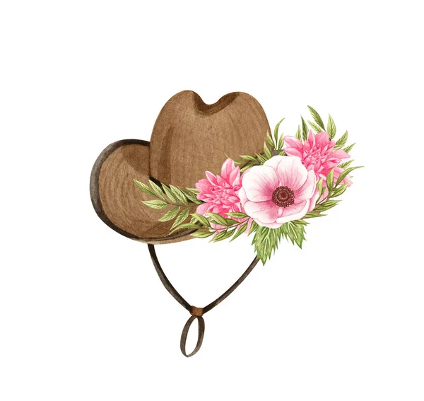 Watercolor Flowers Hat Cowboy Hat Flowers Farmhouse Rustic Clipart Isolated — Stock Photo, Image