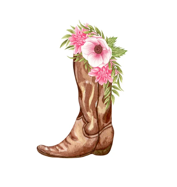Watercolor Flowers Boots Cowboy Boots Flowers Farmhouse Rustic Clipart Isolated — Stock Photo, Image