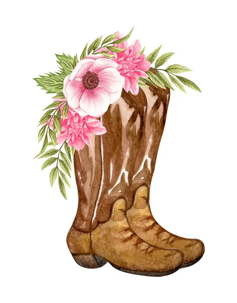 Υδατογραφία Λουλούδια Μπότες Καουμπόικες Μπότες Και Λουλούδια Αγροικία Ρουστίκ Κλιπ — Φωτογραφία Αρχείου