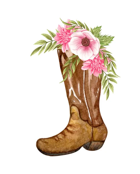 Watercolor Flowers Boots Cowboy Boots Flowers Farmhouse Rustic Clipart Isolated — Stock Photo, Image