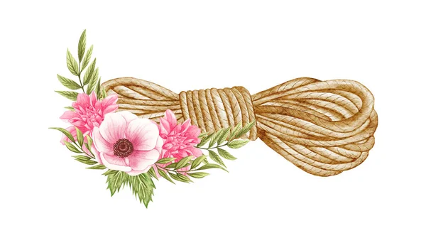 Watercolor Flowers Rope Cowboy Rope Flowers Farmhouse Rustic Clipart Isolated — Stock Photo, Image