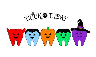 Cadılar Bayramı için komik bir çizgi film karakteri tasarımı. Cadı, şeytan, zombi, ejderha, balkabağı. Şeker mi şaka mı? Mutlu Cadılar Bayramı konsepti. Vektör İllüstrasyonu