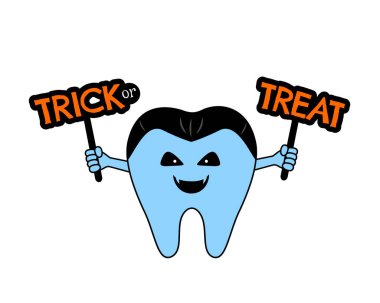 Elinde tabela tutan korkunç çizgi film karakteri. Şeker mi şaka mı? Cadılar bayramı konseptin kutlu olsun. Vektör illüstrasyonu.