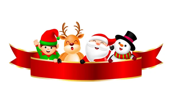Lindos Personajes Dibujos Animados Navidad Con Cinta Roja Santa Claus — Vector de stock