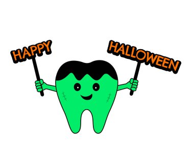 Korkunç çizgi film zombi dişi karakteri bir tabela tutuyor. Cadılar bayramı konseptin kutlu olsun. Vektör illüstrasyonu.