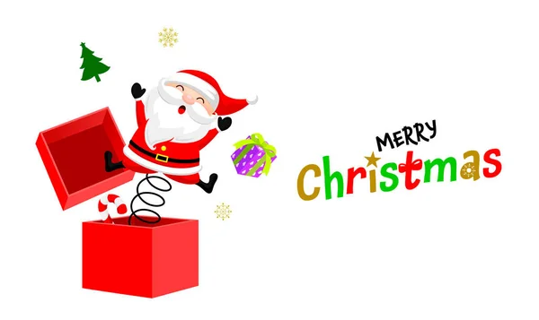 Nette Cartoon Figur Weihnachtsmann Springt Aus Der Weihnachtsgeschenkbox Vektorillustration — Stockvektor