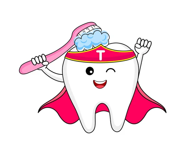 Cute Cartoon Super Hero Tooth Toothbrush Character Design Dental Care —  Vetores de Stock